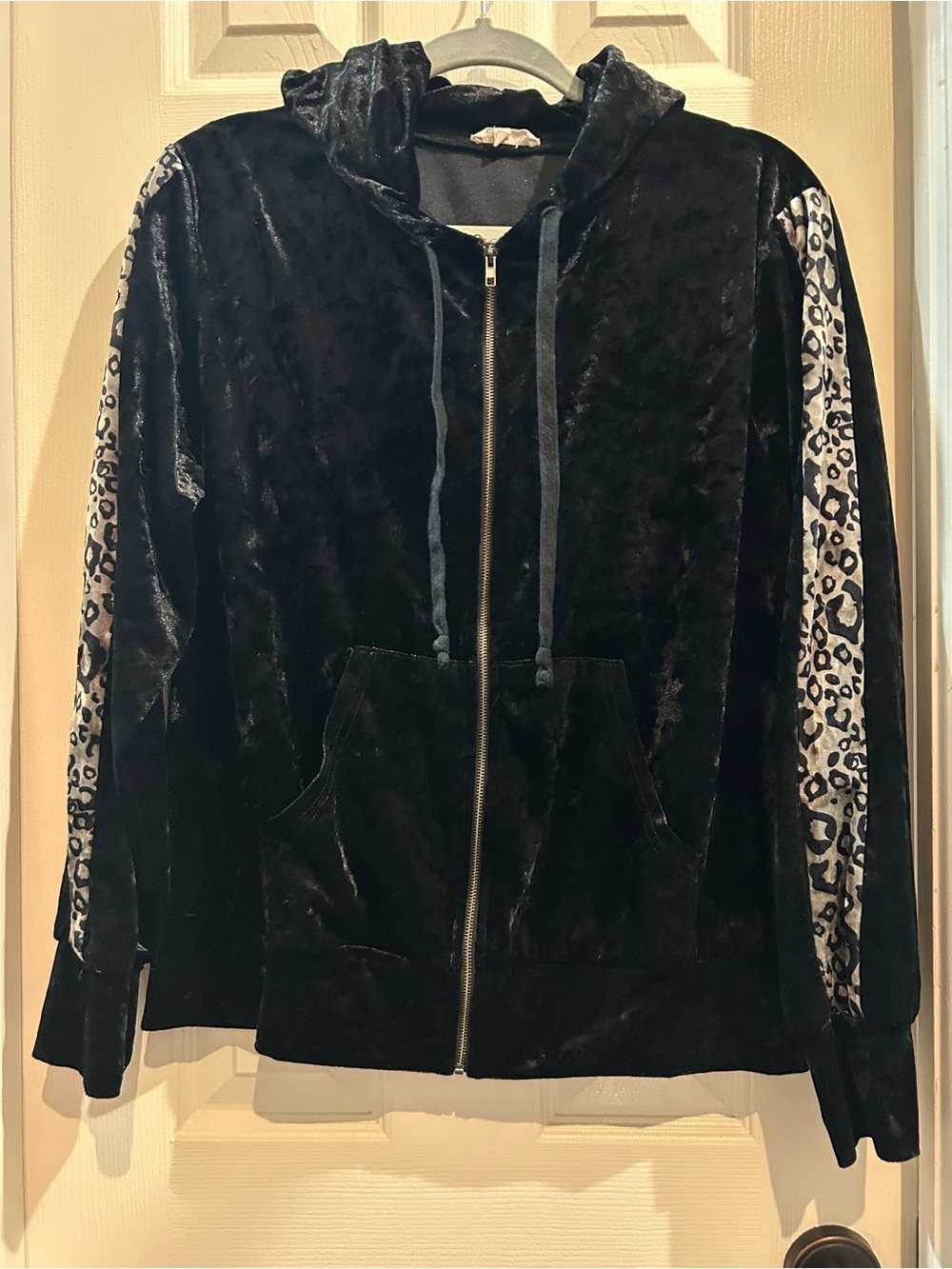 Main Strip Black Velvet Zip Hoodie with Leopard Sleeve Panels
